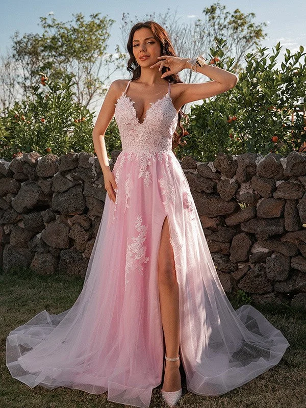 Women's Clothes And Apparel Brand Name Clothing Discount Extravaganza A-Line/Princess Tulle Applique V-neck Sleeveless Sweep/Brush Train Dresses