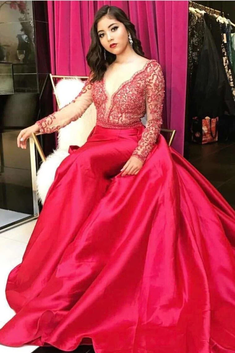Women's Outdoor Activity Garments Summer Splash Sale Red Prom Dress Satin V Neck With Pearled Bodice And Long Train