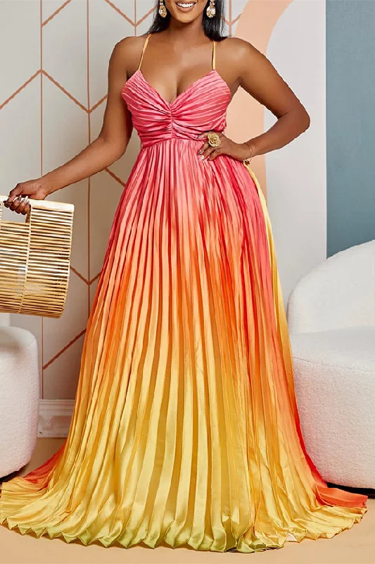 Modern Women's Attire Casual Fashion Gradient Striking Strappy Back Pleated Maxi Dress Modern Women's Attire Casual Fashion Gradient Striking Strappy Back Pleated Maxi Dress