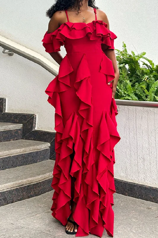 Chic Clothing For Women Style Upgrade Solid Color Cold Shoulder Modern Ruffles Patchwork Maxi Dress Chic Clothing For Women Style Upgrade Solid Color Cold Shoulder Modern Ruffles Patchwork Maxi Dress