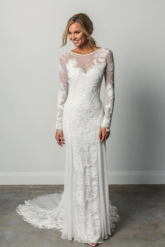 Women's Everyday Clothes Classic Timeless Elegant Style Sheath A Line Long Sleeves Ivory Rustic Lace Backless Scoop Neck Beach Wedding Dresses Women's Everyday Clothes Classic Timeless Elegant Style Sheath A Line Long Sleeves Ivory Rustic Lace Backless Scoop Neck Beach Wedding Dresses