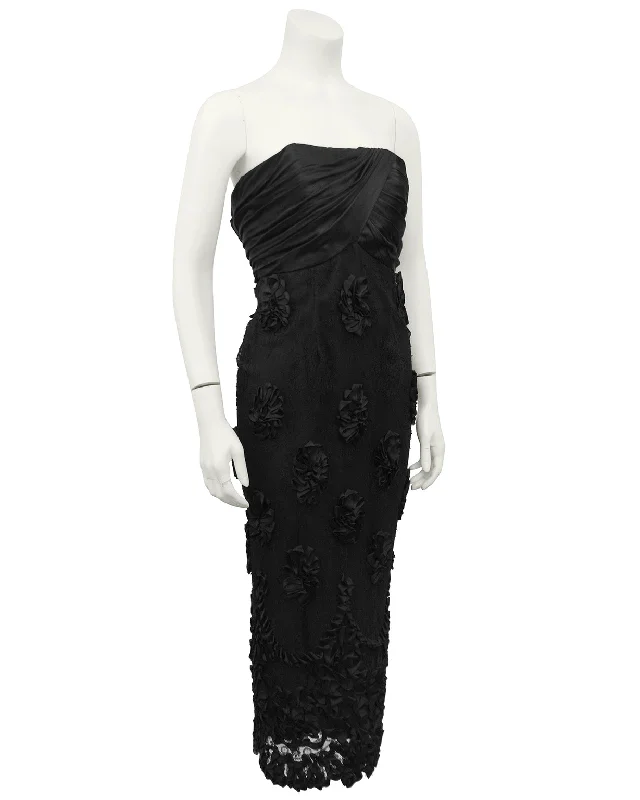 Women's Stylish Outdoor Outfit Versatile Outfits Black Strapless Cocktail Dress with Lace and Floral Applique Skirt Women's Stylish Outdoor Outfit Versatile Outfits Black Strapless Cocktail Dress with Lace and Floral Applique Skirt