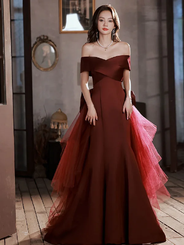 Stylish Women's Outfit Embrace New Fashion Burgundy Mermaid Sweep Train Long Prom Dress, Off Shoulder Satin Burgundy Evening Dress S1947 Stylish Women's Outfit Embrace New Fashion Burgundy Mermaid Sweep Train Long Prom Dress, Off Shoulder Satin Burgundy Evening Dress S1947