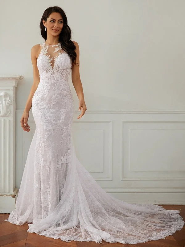Luxury Women's Clothes Sophisticated Cut Column Lace Scoop Sleeveless Court Train Wedding Dresses Luxury Women's Clothes Sophisticated Cut Column Lace Scoop Sleeveless Court Train Wedding Dresses