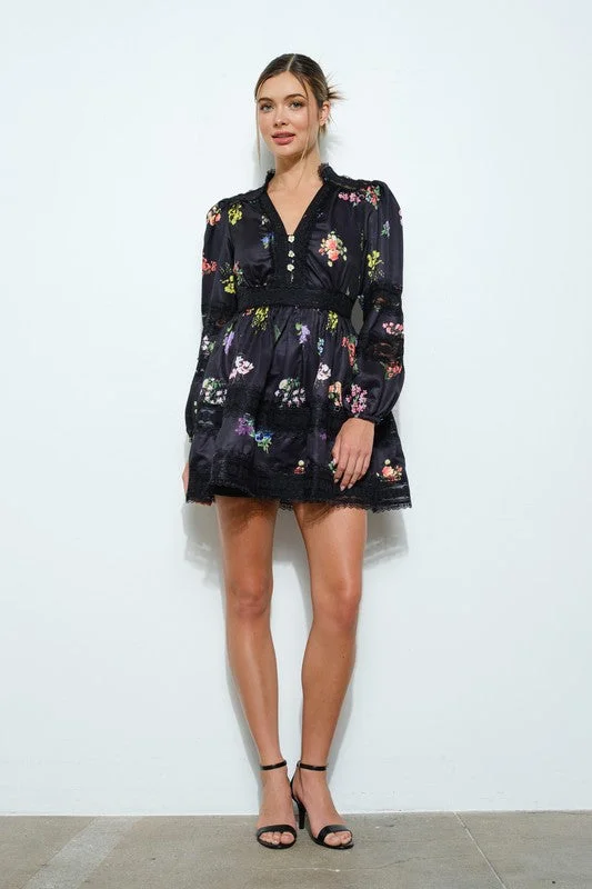 Women's Sporty Chic Clothes Stylish Spring Fashion Black Stein Floral Dress