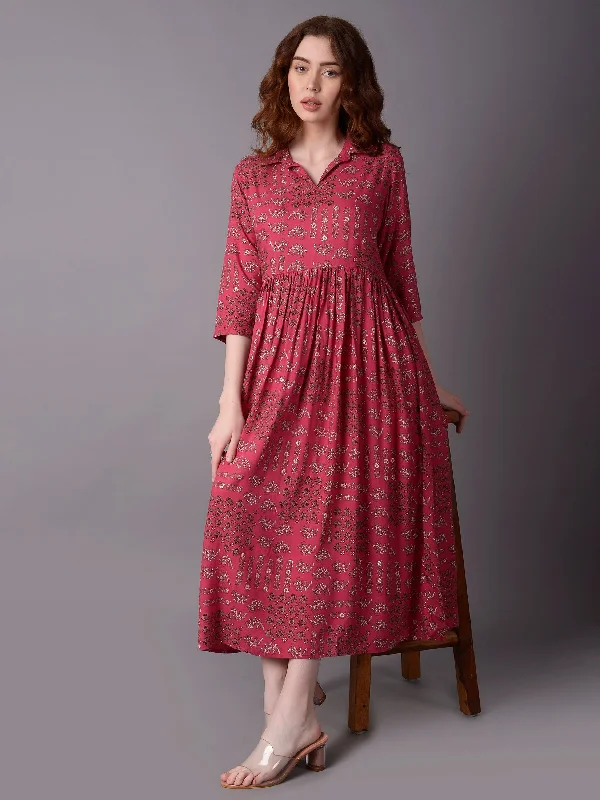 Women's Travel Outfit Set Elegant Attire Women Pink Floral 3/4 Sleeve Dress