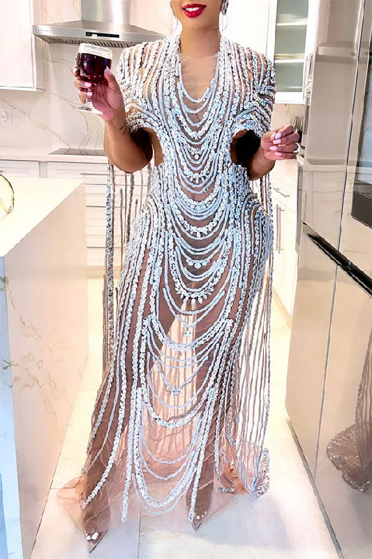 Vintage-Inspired Women's Apparel Playful Elegance Crystal Glitter Striking Cape Sleeve See-Through Maxi Dress Vintage-Inspired Women's Apparel Playful Elegance Crystal Glitter Striking Cape Sleeve See-Through Maxi Dress
