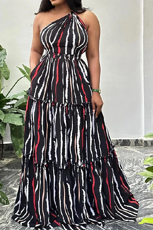 Timeless Women's Clothes Wardrobe Essentials Vertical Striped Unusual One Shoulder Strappy Tiered Maxi Dress Timeless Women's Clothes Wardrobe Essentials Vertical Striped Unusual One Shoulder Strappy Tiered Maxi Dress