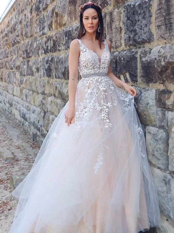 Women's Classic Outfit Limited - Time Bundle A-Line/Princess Applique Tulle Sleeveless V-neck Sweep/Brush Train Dresses Women's Classic Outfit Limited - Time Bundle A-Line/Princess Applique Tulle Sleeveless V-neck Sweep/Brush Train Dresses