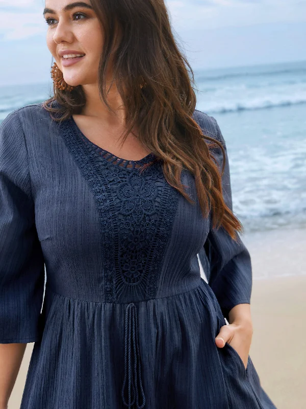 Chic Women's Attire Unbeatable Prices Textured Lace Patchwork Waist-Cinched Midi Dress Chic Women's Attire Unbeatable Prices Textured Lace Patchwork Waist-Cinched Midi Dress