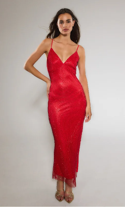 Women's Resort Attire Boutique Styles Red Diamante Mesh Maxi Dress
