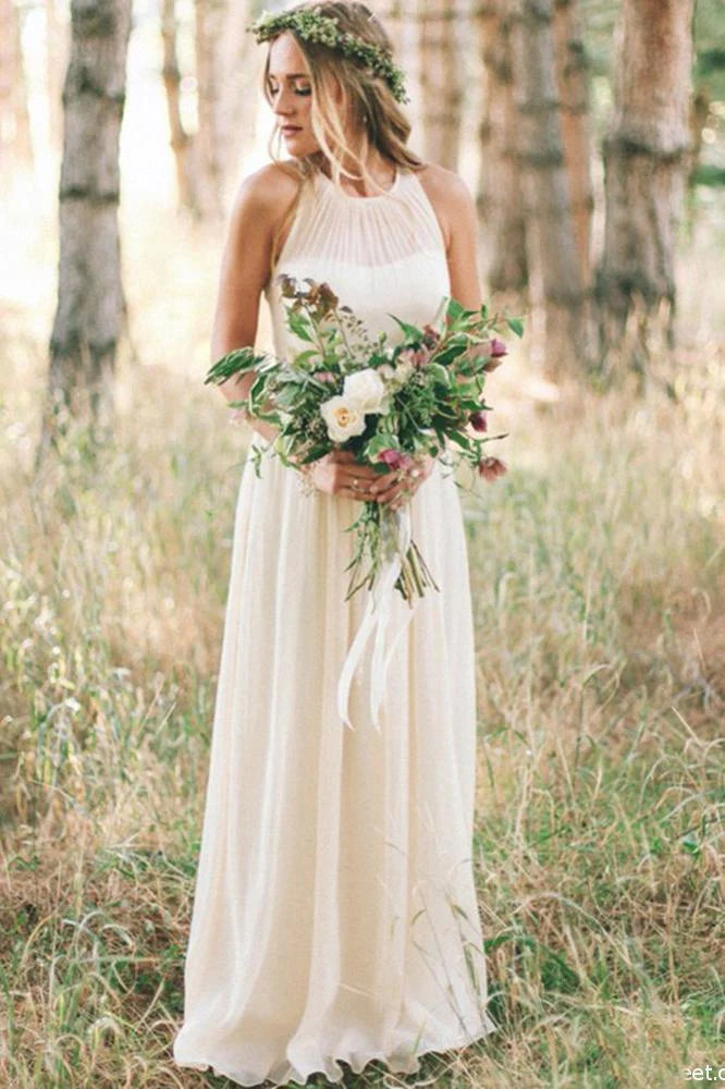 Women's Seasonal Clothing Now On Sale For Chic Urban Styles Simple A Line Round Neck Chiffon Long Bridal Dresses Beach Wedding Dresses