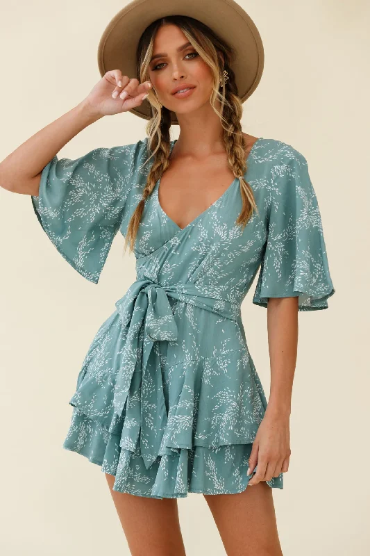 Women's Layered Outfit Minimalist Chic Davina Angel Sleeve Cut-Out Back Romper Leaf Print Sage Women's Layered Outfit Minimalist Chic Davina Angel Sleeve Cut-Out Back Romper Leaf Print Sage