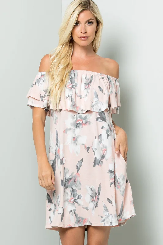 Women's Clothing Apparel Sets Early Access To Art Deco Styles Sale Floral Ruffled Off Shoulder Jersey Dress - Blush Women's Clothing Apparel Sets Early Access To Art Deco Styles Sale Floral Ruffled Off Shoulder Jersey Dress - Blush
