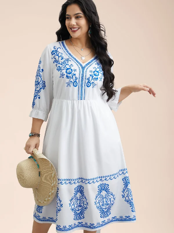 Women's Outdoor Attire Elevate Your Wardrobe Boho Print Waist-Defined Ruffle Midi Dress Women's Outdoor Attire Elevate Your Wardrobe Boho Print Waist-Defined Ruffle Midi Dress