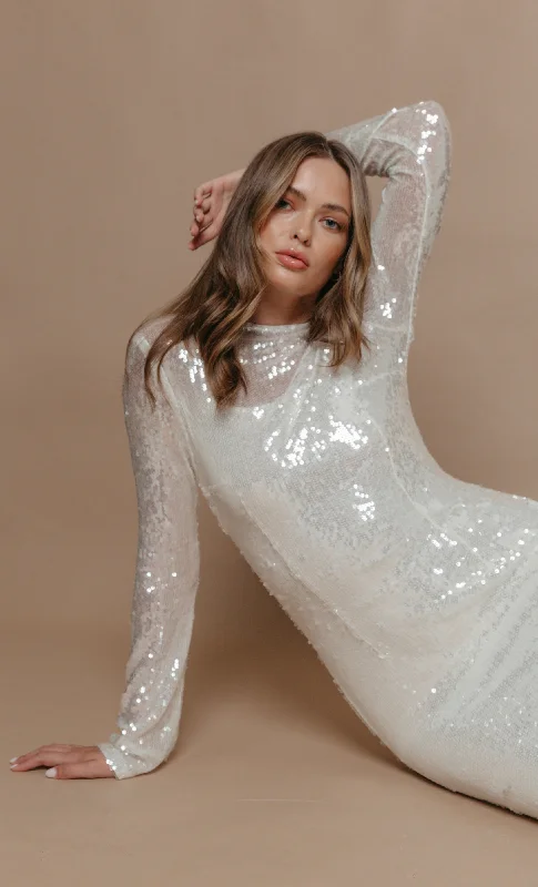 Affordable Women's Garments Minimalist Elegant White Sequin Long Sleeve Maxi Dress