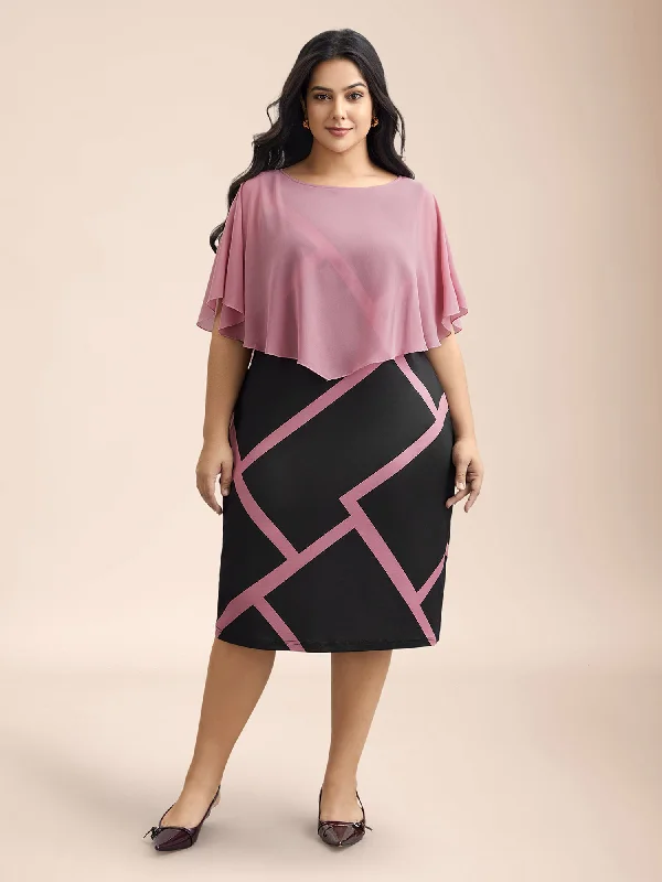 Comfortable Women's Attire Chic Style 2-in-1 Color-Block Sheer Top Midi Dress