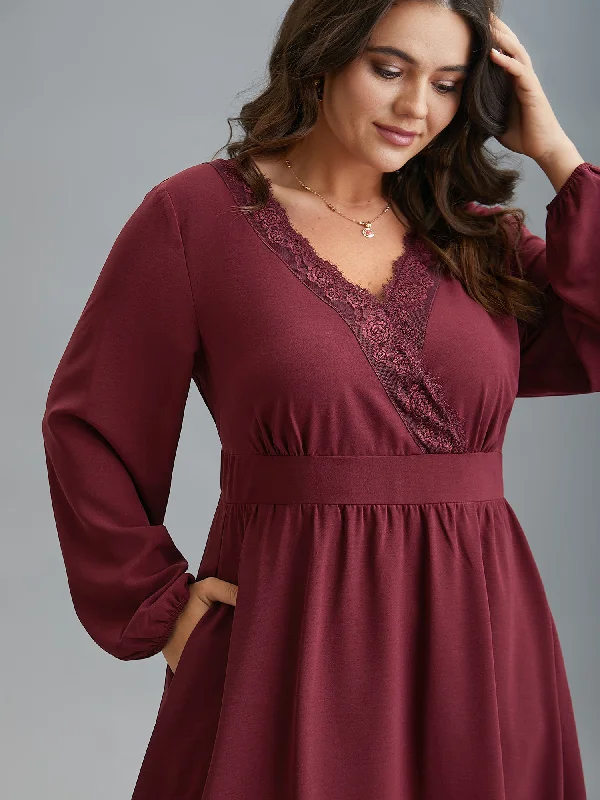 Women's Elegant Formal Outfit Special Offer Lace Detail Surplice Neckline Midi Dress Women's Elegant Formal Outfit Special Offer Lace Detail Surplice Neckline Midi Dress