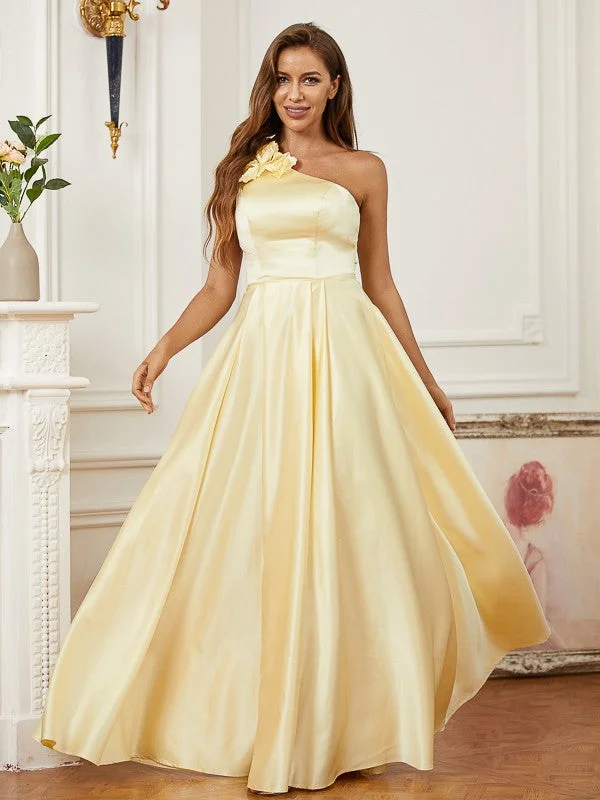 Women's Stylish Vacation Attire Big Savings On Minimalist Office Styles A-Line/Princess Satin Hand-Made Flower One-Shoulder Sleeveless Floor-Length Dresses Women's Stylish Vacation Attire Big Savings On Minimalist Office Styles A-Line/Princess Satin Hand-Made Flower One-Shoulder Sleeveless Floor-Length Dresses