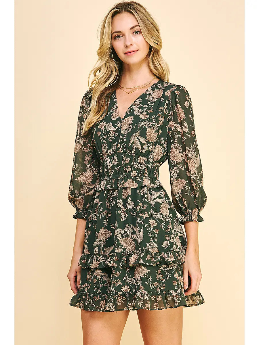 Women's Stylish Vacation Attire Modern Romance Fleming Dark Green Floral Dress