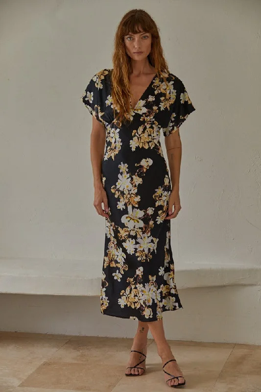 Women's Elegant Evening Attire Everyday Glamour Terra Black Floral Midi Dress