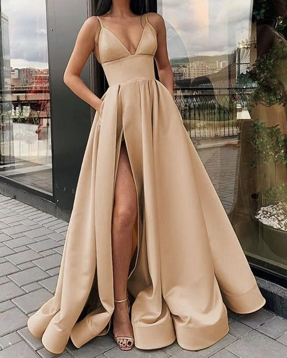 Women's Vacation Outfit Set Comfort First Women's Wear Long Satin Split Prom Dresses With Pockets    S1751