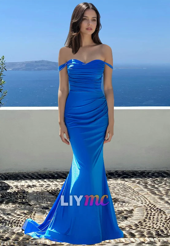 Women's Casual Wear Outfit Hollywood Glam Award - Show Style Off-Shoulder Sleeveless Pleated Mermaid Fitted Prom Dress Women's Casual Wear Outfit Hollywood Glam Award - Show Style Off-Shoulder Sleeveless Pleated Mermaid Fitted Prom Dress