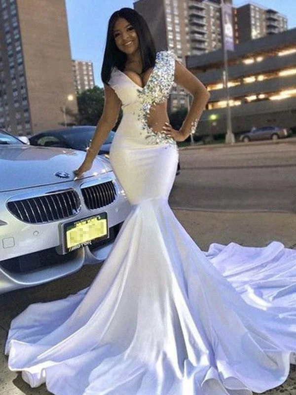 Women's Athletic Clothes Low Price Special Trumpet/Mermaid Elastic Woven Satin Beading V-neck Long Sleeves Chapel Train Dresses