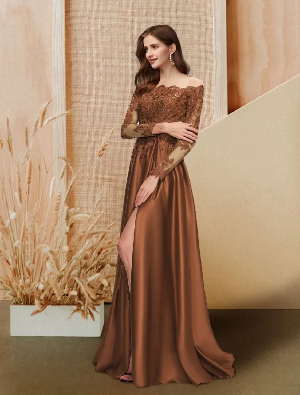 Women's Urban Clothing You'Ll Love Us Because A-Line Evening Gown Glittering Dress Engagement Floor Length Long Sleeve Off Shoulder Satin with Sequin Slit Lace Insert Women's Urban Clothing You'Ll Love Us Because A-Line Evening Gown Glittering Dress Engagement Floor Length Long Sleeve Off Shoulder Satin with Sequin Slit Lace Insert