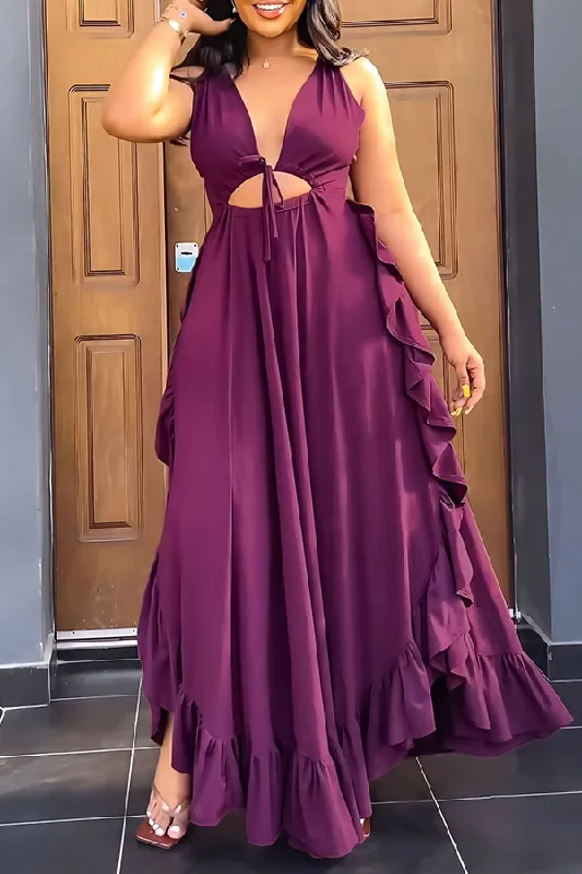 Comfortable Women's Clothing First Order Discount Solid Color Rocking Lace-Up Cutout Ruffled Maxi Dress Comfortable Women's Clothing First Order Discount Solid Color Rocking Lace-Up Cutout Ruffled Maxi Dress