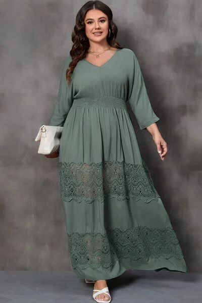 Women's Formal Clothes Weekend Special Plus Size Tied V-Neck Smocked Crochet Maxi Dress Women's Formal Clothes Weekend Special Plus Size Tied V-Neck Smocked Crochet Maxi Dress