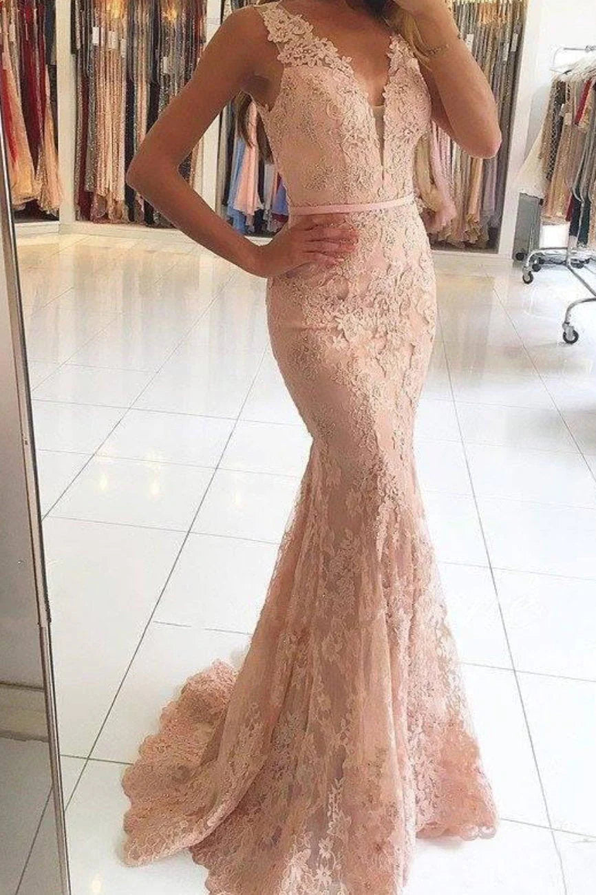 Women's Classic Attire Chic Styles Sexy Mermaid Lace Appliques V Neck Beads Sleeveless Long Prom Dresses Women's Classic Attire Chic Styles Sexy Mermaid Lace Appliques V Neck Beads Sleeveless Long Prom Dresses