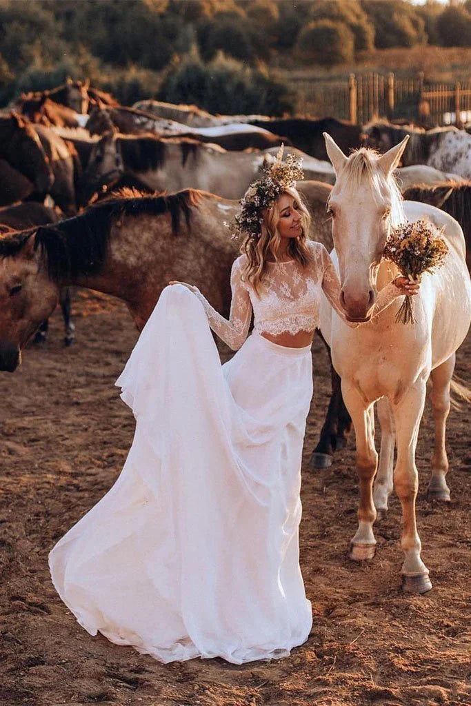 Women's Comfortable Garments Unbeatable Prices Lace Two Pieces Long Sleeves Ivory Boho Wedding Dress Chiffon Beach Wedding Gowns Women's Comfortable Garments Unbeatable Prices Lace Two Pieces Long Sleeves Ivory Boho Wedding Dress Chiffon Beach Wedding Gowns