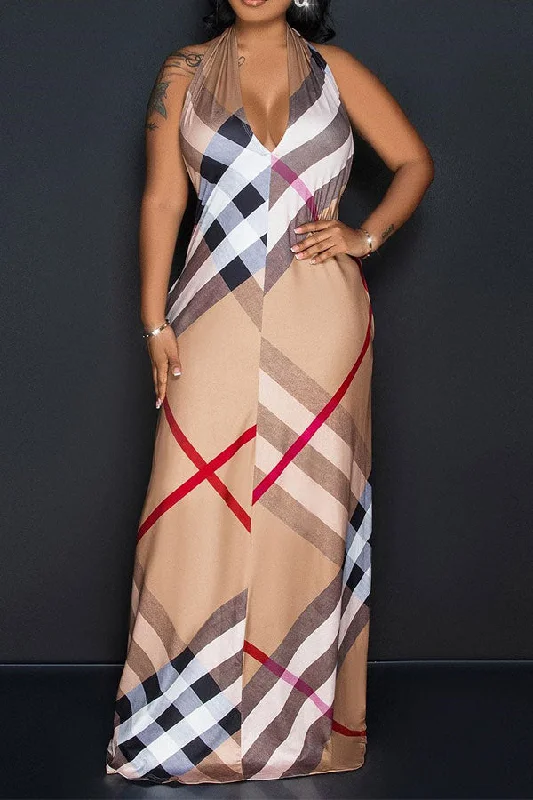Women's Outdoor Attire Urban Femme Streetwear Plaid Feminine Halter Collar Backless Maxi Dress Women's Outdoor Attire Urban Femme Streetwear Plaid Feminine Halter Collar Backless Maxi Dress