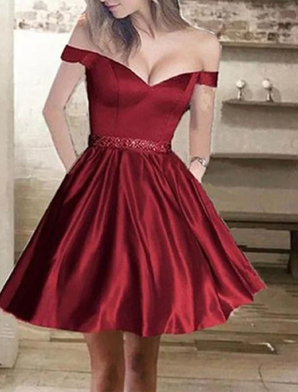 Chic Women's Outfit Explore What's New A-Line Homecoming Dresses Princess Dress Holiday Graduation Short / Mini Sleeveless Off Shoulder Satin with Pleats Beading Chic Women's Outfit Explore What's New A-Line Homecoming Dresses Princess Dress Holiday Graduation Short / Mini Sleeveless Off Shoulder Satin with Pleats Beading