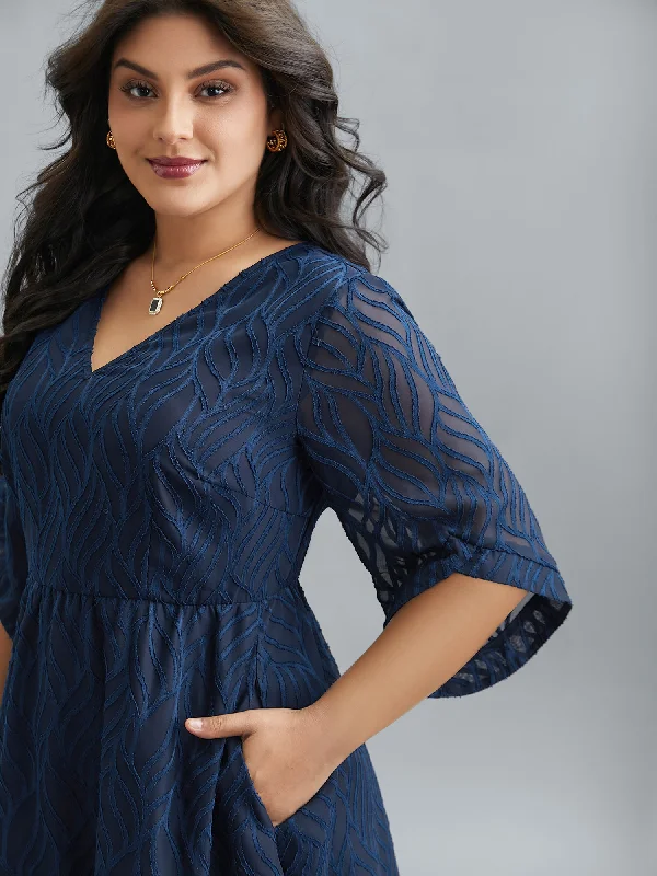 Modern Women's Outfit Last Chance Sale Chiffon Textured Sheer Sleeve Midi Dress