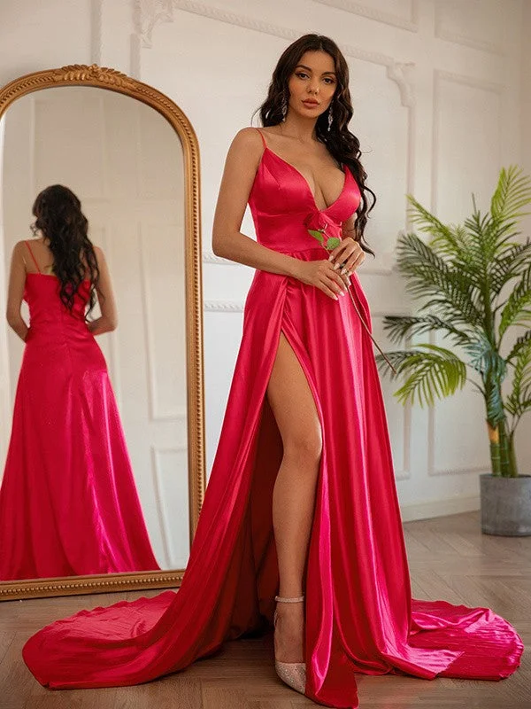 Women's Evening Attire Romantic Detailing A-Line/Princess Silk like Satin Ruched V-neck Sleeveless Sweep/Brush Train Dresses Women's Evening Attire Romantic Detailing A-Line/Princess Silk like Satin Ruched V-neck Sleeveless Sweep/Brush Train Dresses