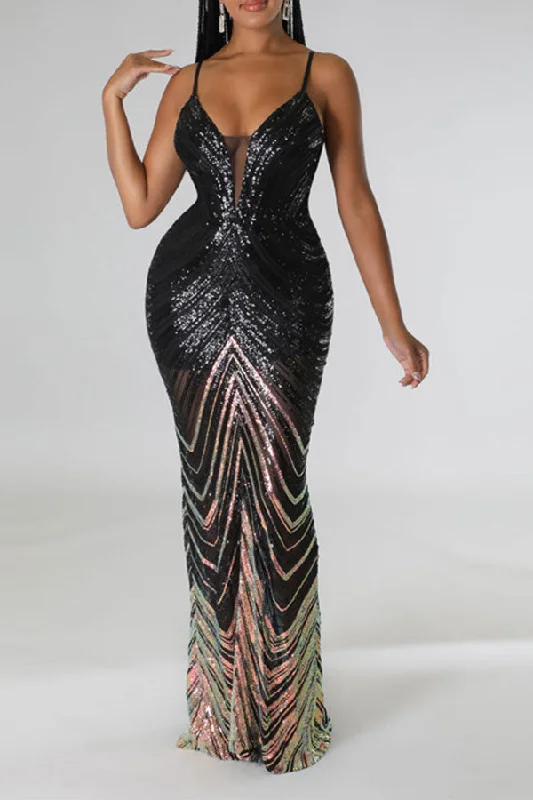 Women's Transitional Garments Classic Appeal Hit Color Sequined Striking Spaghetti Strap Maxi Dress Women's Transitional Garments Classic Appeal Hit Color Sequined Striking Spaghetti Strap Maxi Dress