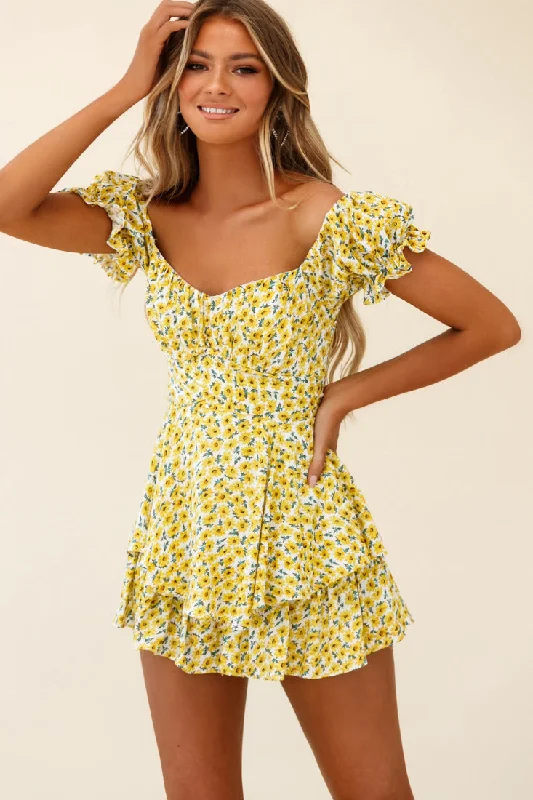Women's Comfortable Lounge Outfit Luxury Comfort Linka Off-Shoulder Tie Back Romper Sunflower Print Yellow Women's Comfortable Lounge Outfit Luxury Comfort Linka Off-Shoulder Tie Back Romper Sunflower Print Yellow