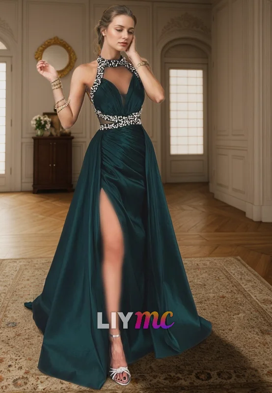 Formal Clothing For Women Feminine Allure LP2267 - Halter Beaded V-Neck Sleeveless Pleated Sheath High Slit Prom Dress Formal Clothing For Women Feminine Allure LP2267 - Halter Beaded V-Neck Sleeveless Pleated Sheath High Slit Prom Dress