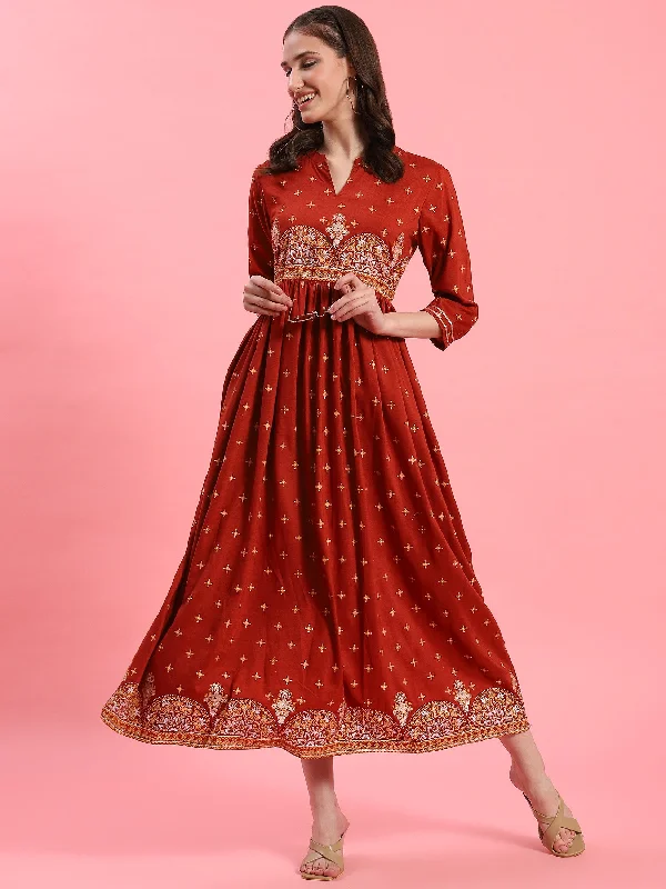 Women's Floral Print Outfit High-End Women’S Wear Women Rust Floral Printed Dress