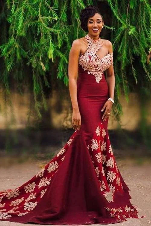 Women's Luxury Attire End Of Season Sale Charming Burgundy Halter Prom Dresses Mermaid Long Lace Appliqued Sleeveless Formal Dress Women's Luxury Attire End Of Season Sale Charming Burgundy Halter Prom Dresses Mermaid Long Lace Appliqued Sleeveless Formal Dress
