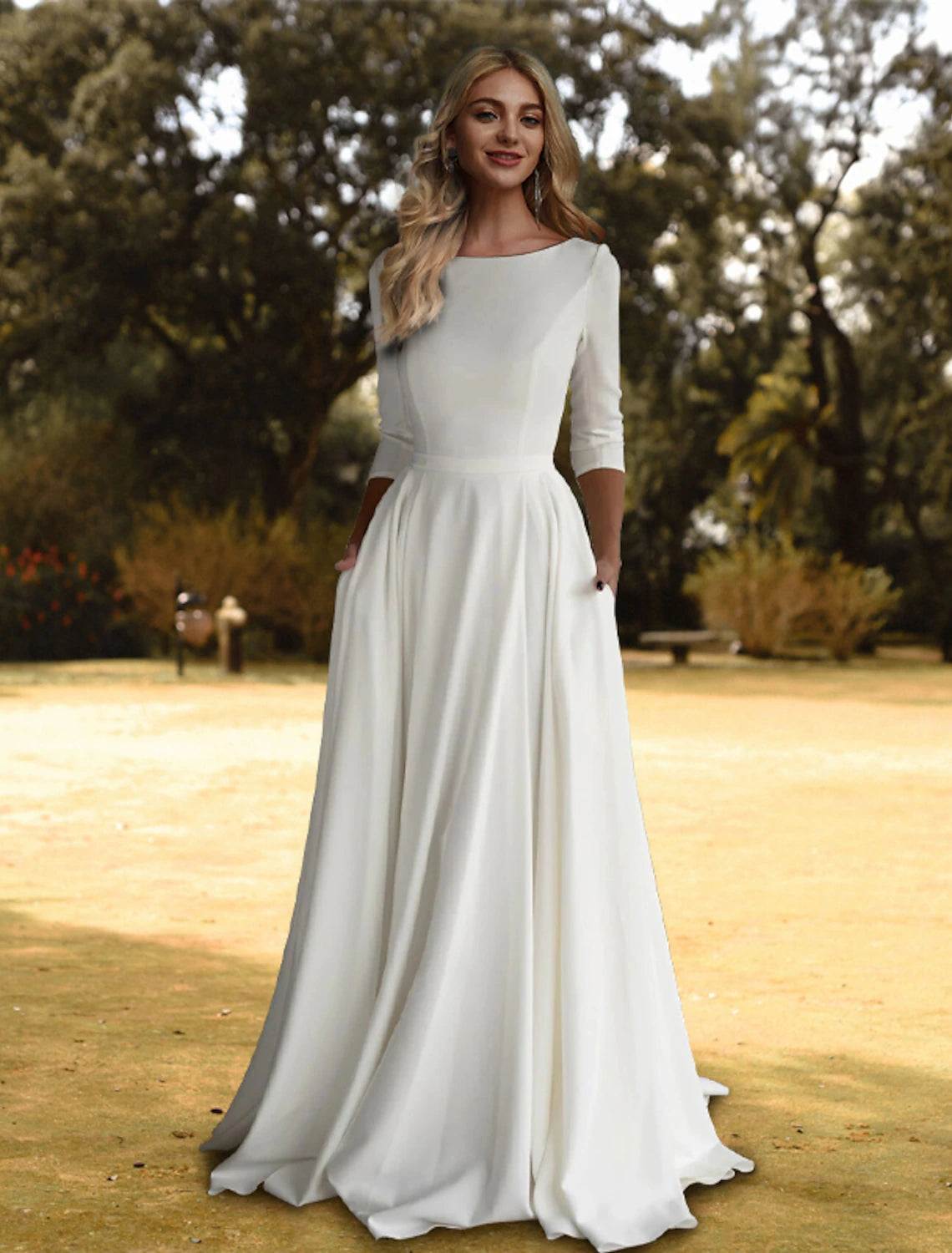 Women's Occasion Wear Apparel Seasonal Trend Hall Casual Fall Wedding Dresses A-Line Scoop Neck 3/4 Length Sleeve Sweep / Brush Train Stretch Fabric Bridal Gowns With Pleats Solid Color Summer Wedding Party, Women's Clothing Women's Occasion Wear Apparel Seasonal Trend Hall Casual Fall Wedding Dresses A-Line Scoop Neck 3/4 Length Sleeve Sweep / Brush Train Stretch Fabric Bridal Gowns With Pleats Solid Color Summer Wedding Party, Women's Clothing