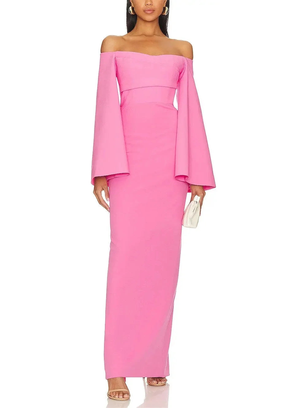 Women's Outfit For The Office Fashion Sale Flared-Sleeve Off-The-Shoulder Maxi Dress in Pink Women's Outfit For The Office Fashion Sale Flared-Sleeve Off-The-Shoulder Maxi Dress in Pink