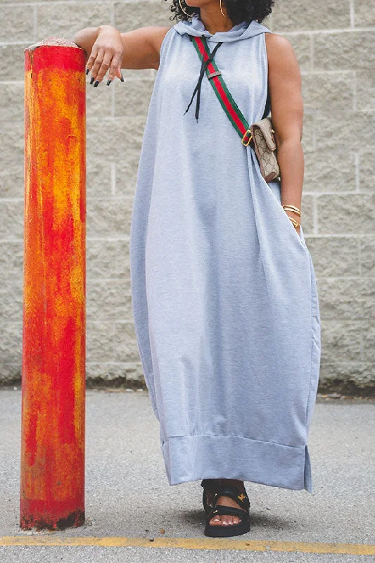 Women's Vacation Outfit Set Special Offer Solid Color Relaxed Hooded Maxi Dress