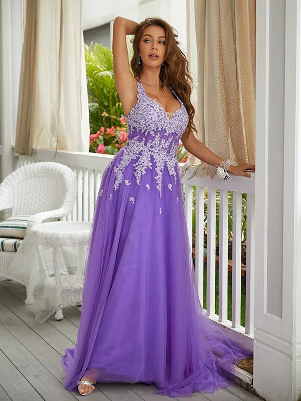 Women's Travel Attire Best-Sellers A-Line/Princess Tulle Applique V-neck Sleeveless Sweep/Brush Train Dresses Women's Travel Attire Best-Sellers A-Line/Princess Tulle Applique V-neck Sleeveless Sweep/Brush Train Dresses