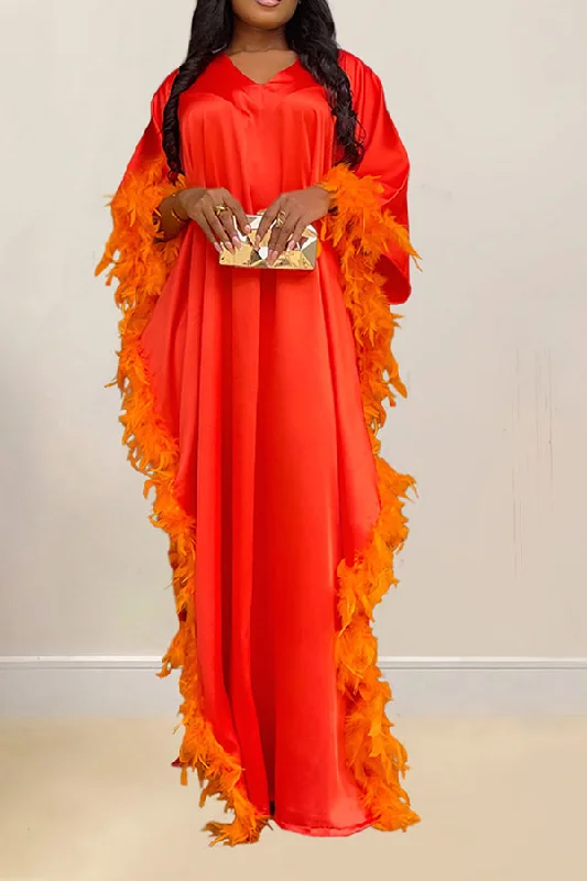 Comfortable Outfit For Women Discover Promotions Solid Color Smart Feather Decor High Split Maxi Dress Comfortable Outfit For Women Discover Promotions Solid Color Smart Feather Decor High Split Maxi Dress