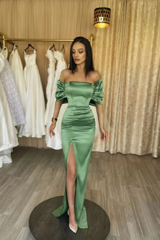 Women's Stylish Casual Garments Celebrate With Big Savings simple mermaid sage satin split prom gown off the shoulder formal dress S2950 Women's Stylish Casual Garments Celebrate With Big Savings simple mermaid sage satin split prom gown off the shoulder formal dress S2950