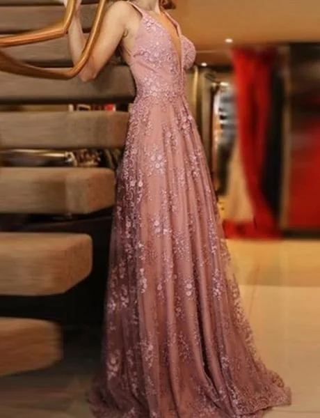 Chic Women's Attire Fashion Deal A line V Neck Pink Lace Backless Appliques Prom Dresses Sleeveless Evening Dresses Chic Women's Attire Fashion Deal A line V Neck Pink Lace Backless Appliques Prom Dresses Sleeveless Evening Dresses