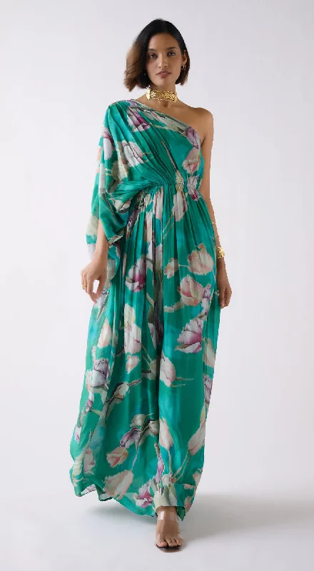 Women's Office Attire Effortless Grace Green Muslin Floral Dress